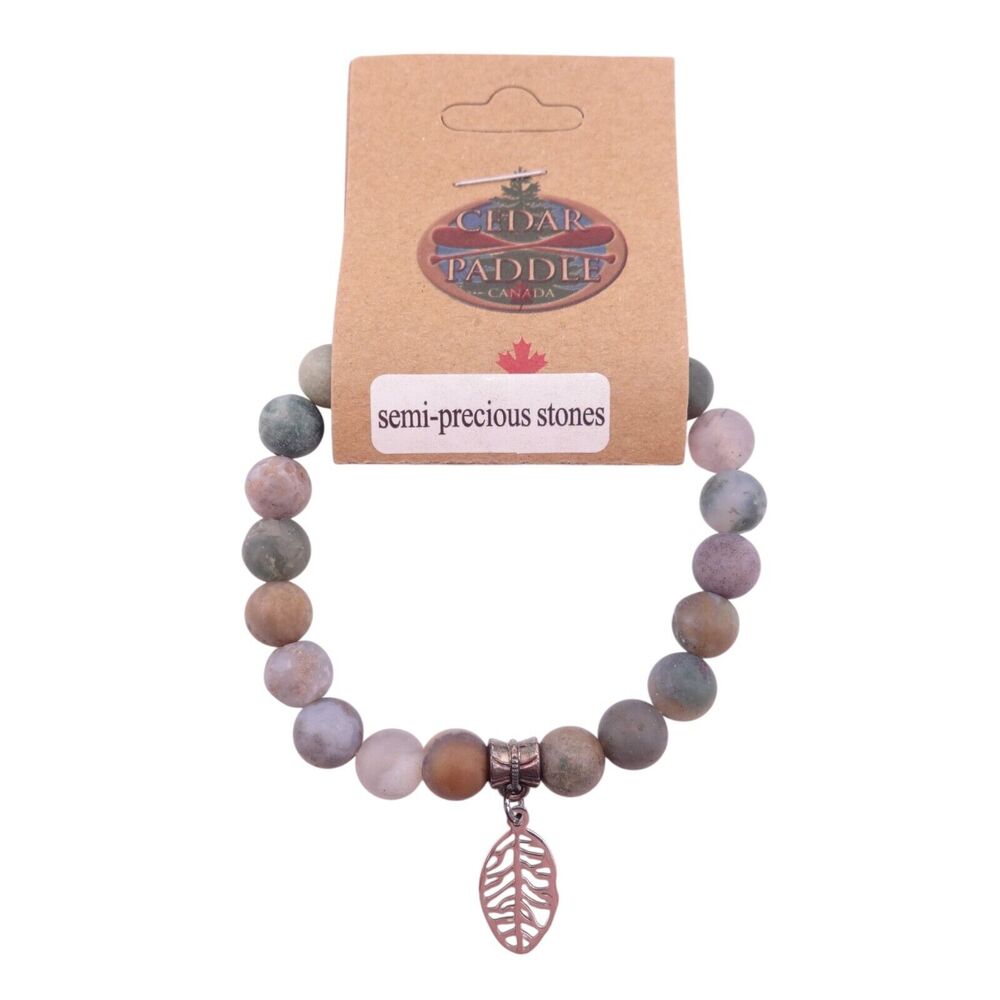 Cedar Paddle Round Beaded Jasper Stretch Bracelet and Leaf Charm NWT